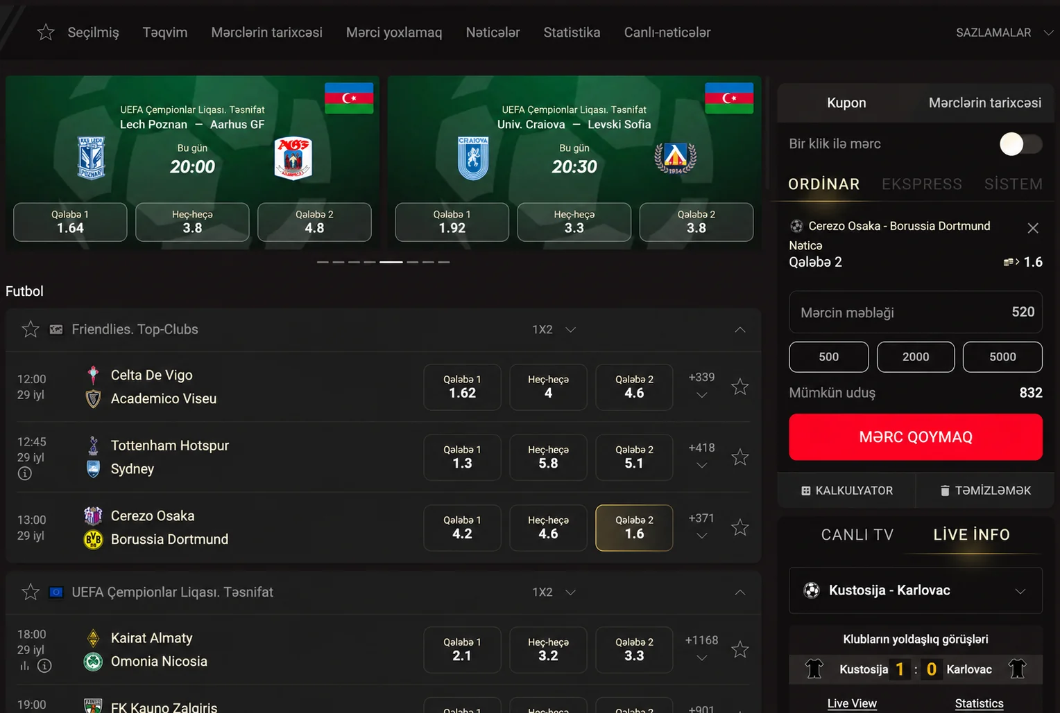 Pinco mərc kuponunda seçilmiş futbol nəticəsi, məbləğ və mümkün uduş