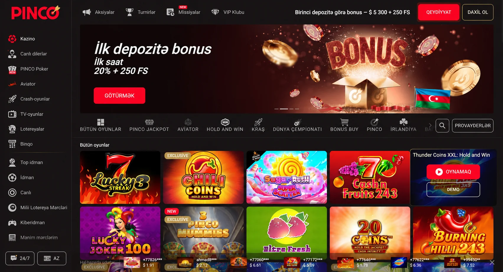 Pinco kazino kataloqunda slot kartları, axtarış və provayder filtri