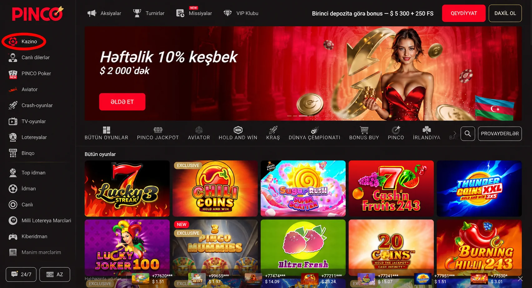 Pinco kazino kataloqunda həftəlik keşbek banneri və slot oyunları