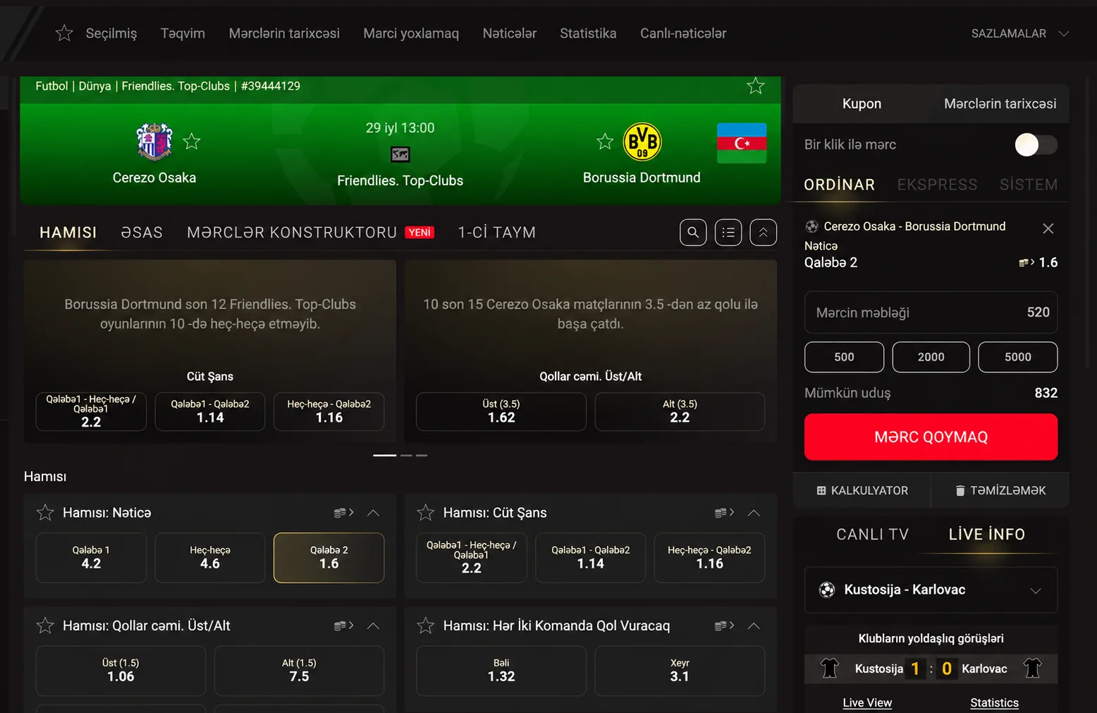 Pinco futbol matçında 1X2, ikiqat şans, total bazarları və kupon
