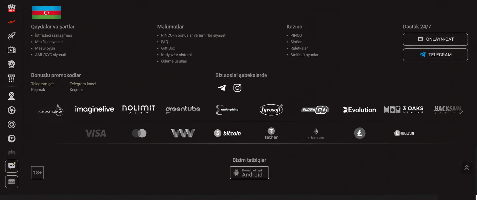 Pinco saytının aşağı hissəsində Android APK, dəstək və ödəniş nişanları