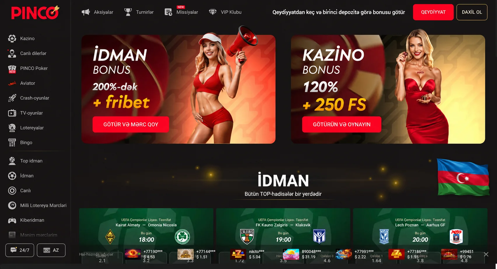 Pinco əsas səhifəsində idman və kazino bonus təklifləri
