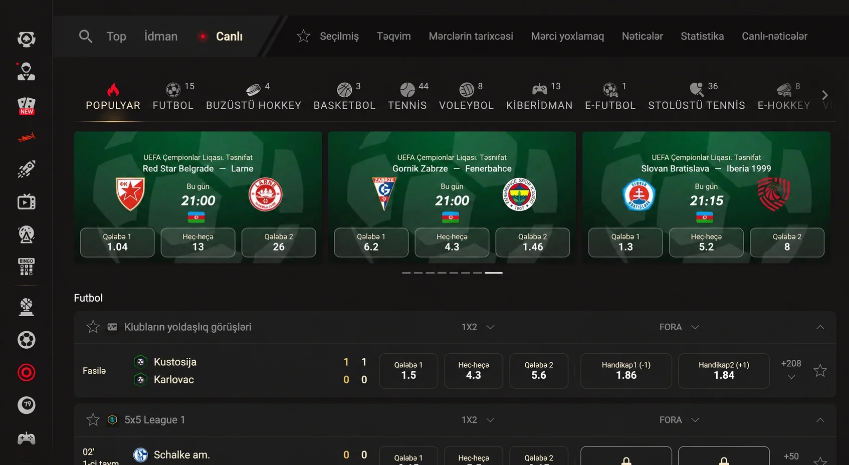 Pinco canlı futbol hadisələri və dəyişən 1X2 əmsalları