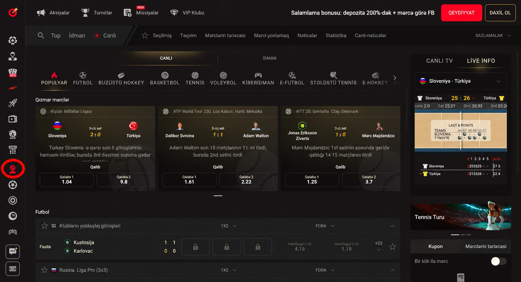 Pinco canlı idman ekranında hesab, aktiv bazarlar və LIVE INFO paneli