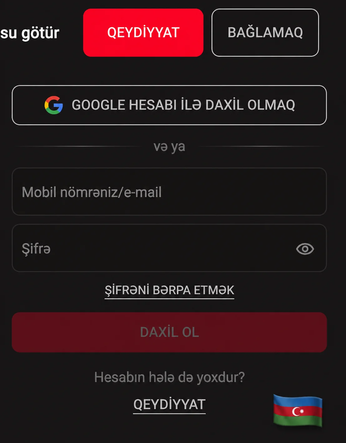Pinco giriş formasında Google, telefon və e-mail ilə daxilolma sahələri