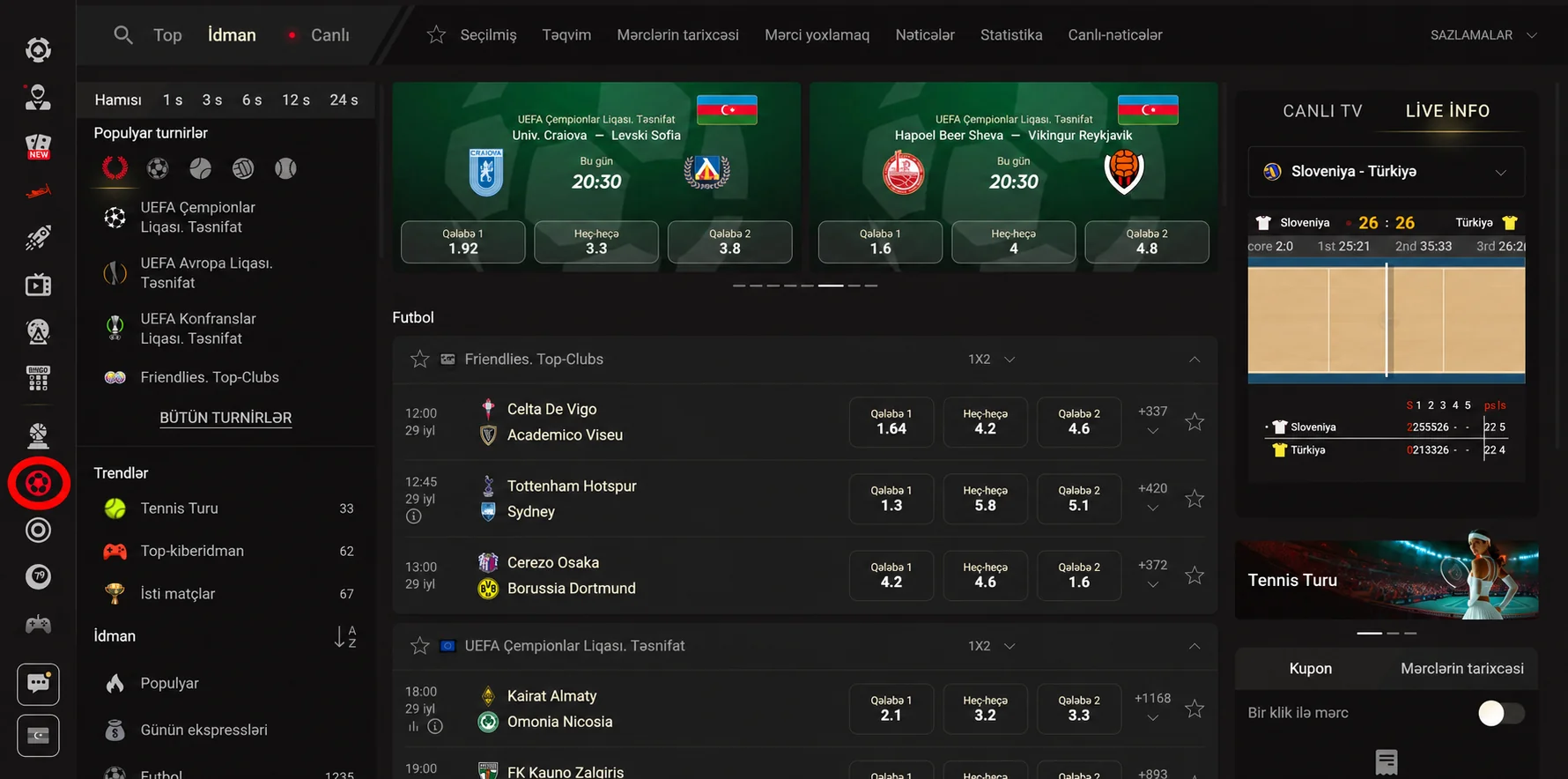 Pinco prematç futbol xəttində turnirlər, matçlar və 1X2 əmsalları