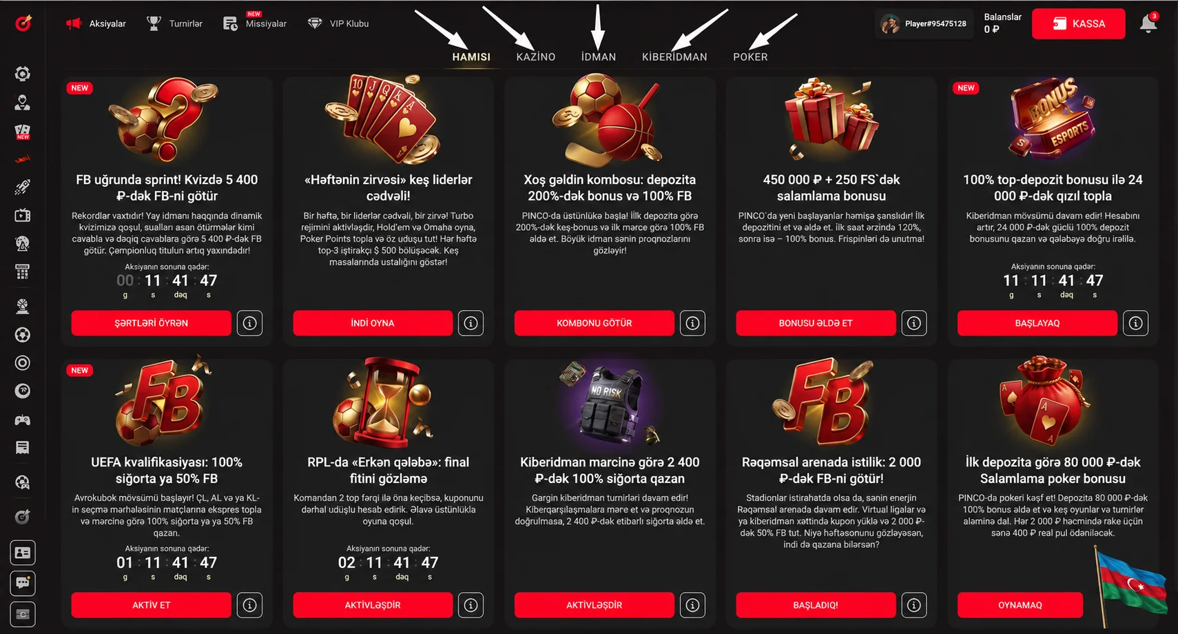Pinco Aksiyalar bölməsində kazino, idman, kibersport və poker kampaniyaları