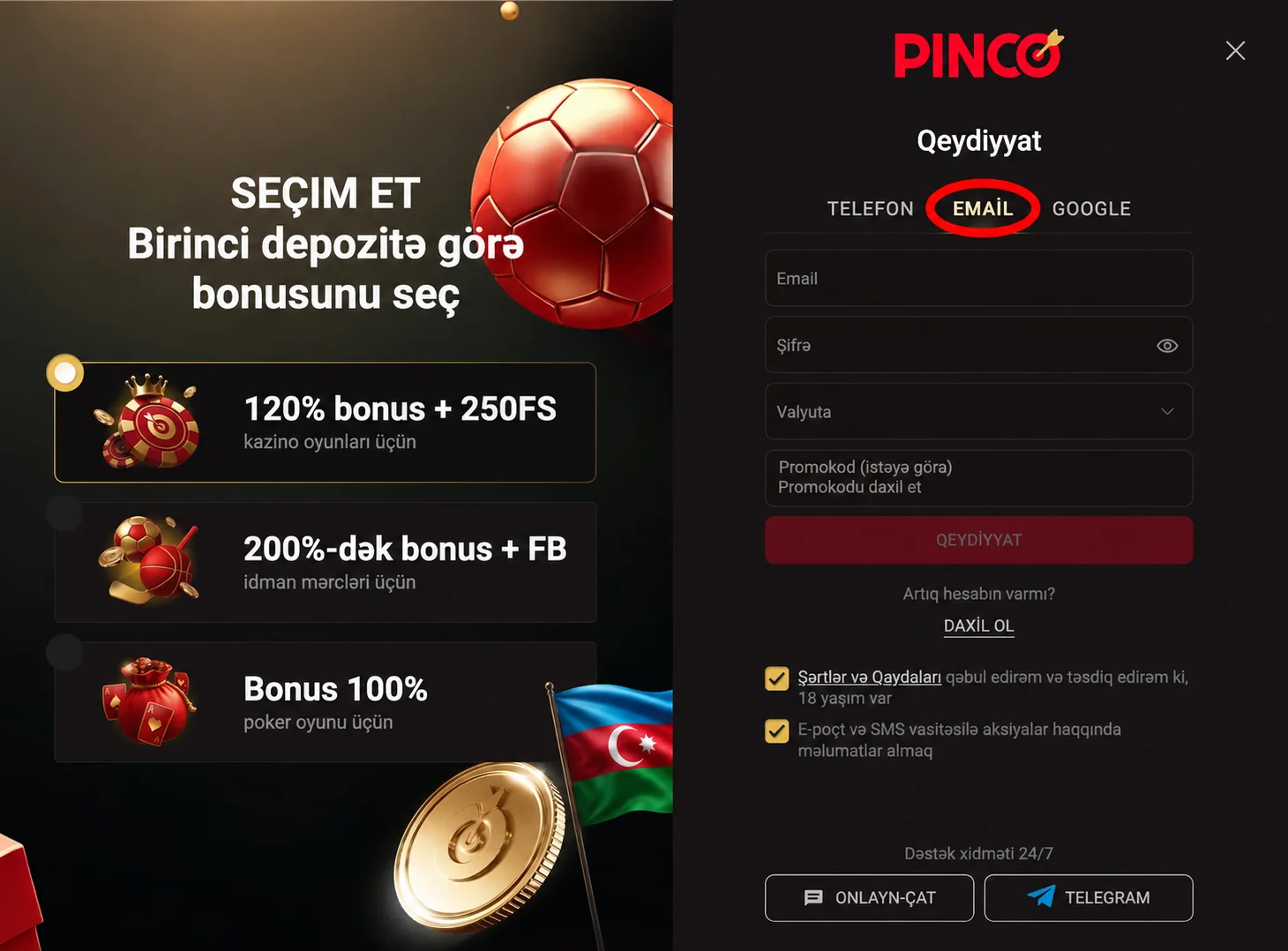 Pinco qeydiyyat formasında e-mail, şifrə və valyuta sahələri