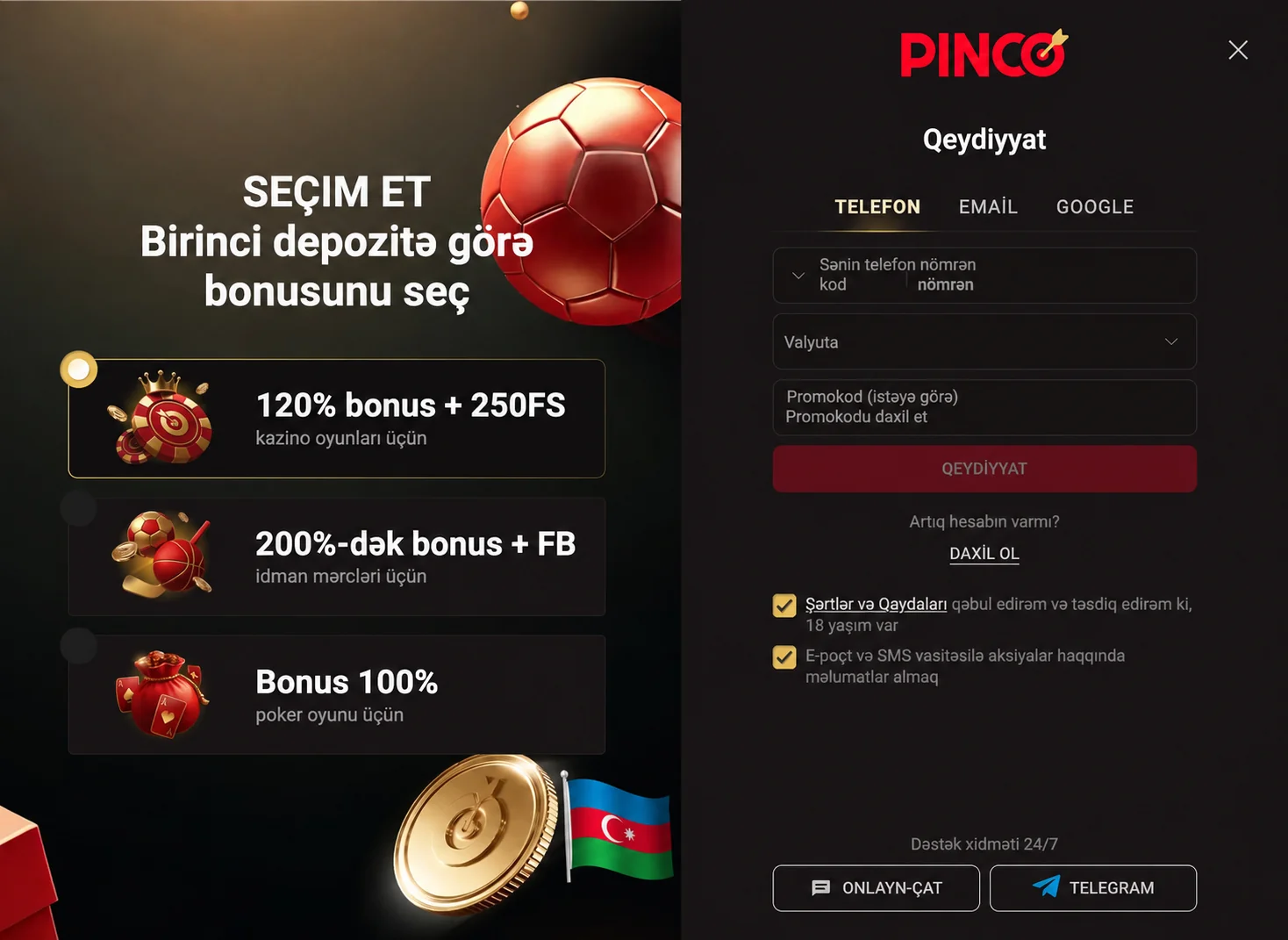 Pinco qeydiyyat formasında telefon nömrəsi, ölkə kodu və valyuta sahələri