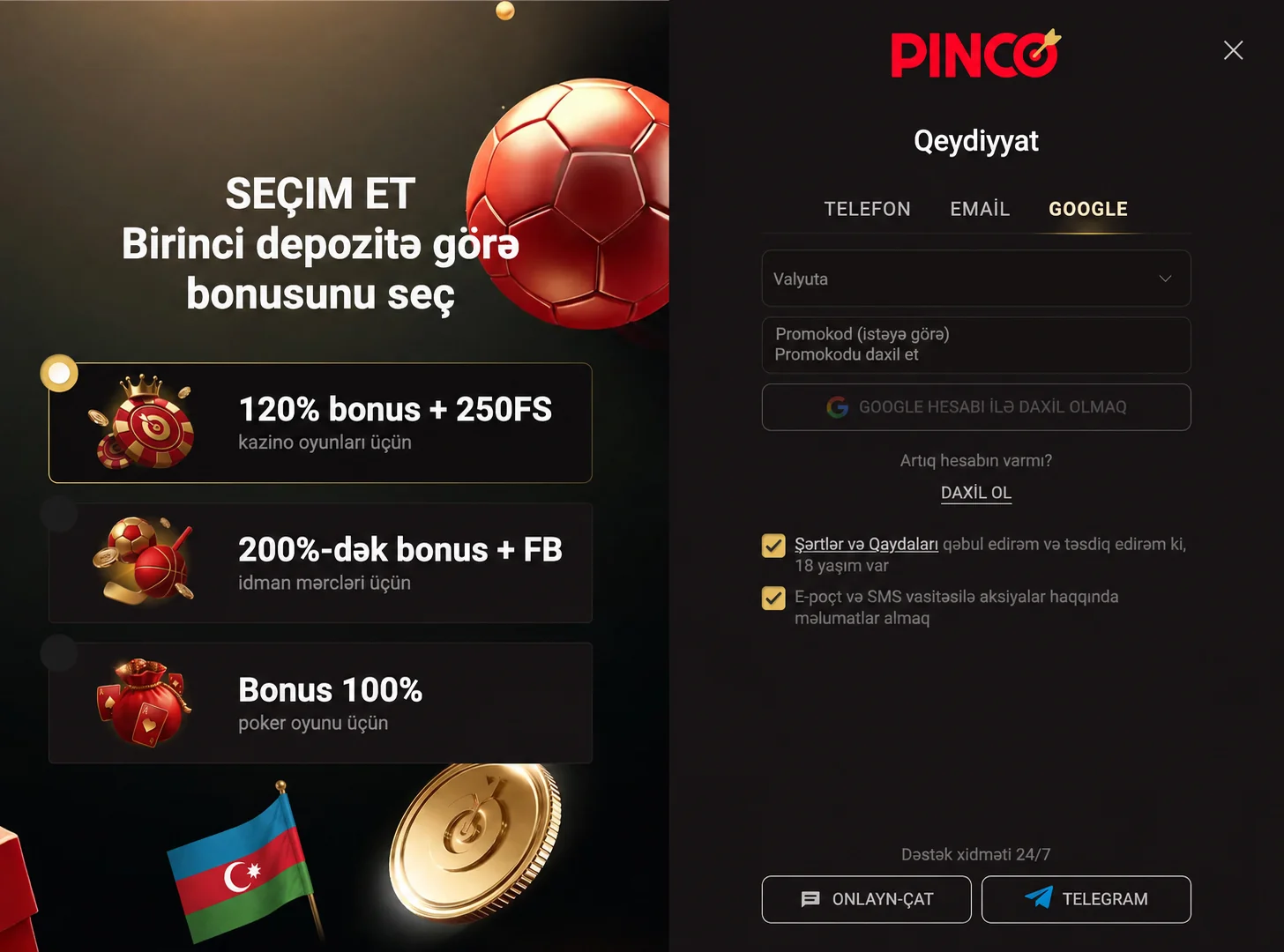 Pinco qeydiyyatında Google üsulu, promo kod sahəsi və başlanğıc bonus seçimi
