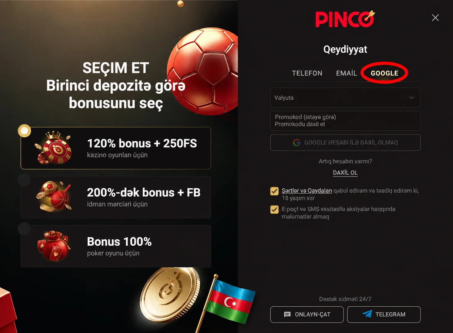 Pinco qeydiyyat formasında Google üsulunun seçilməsi