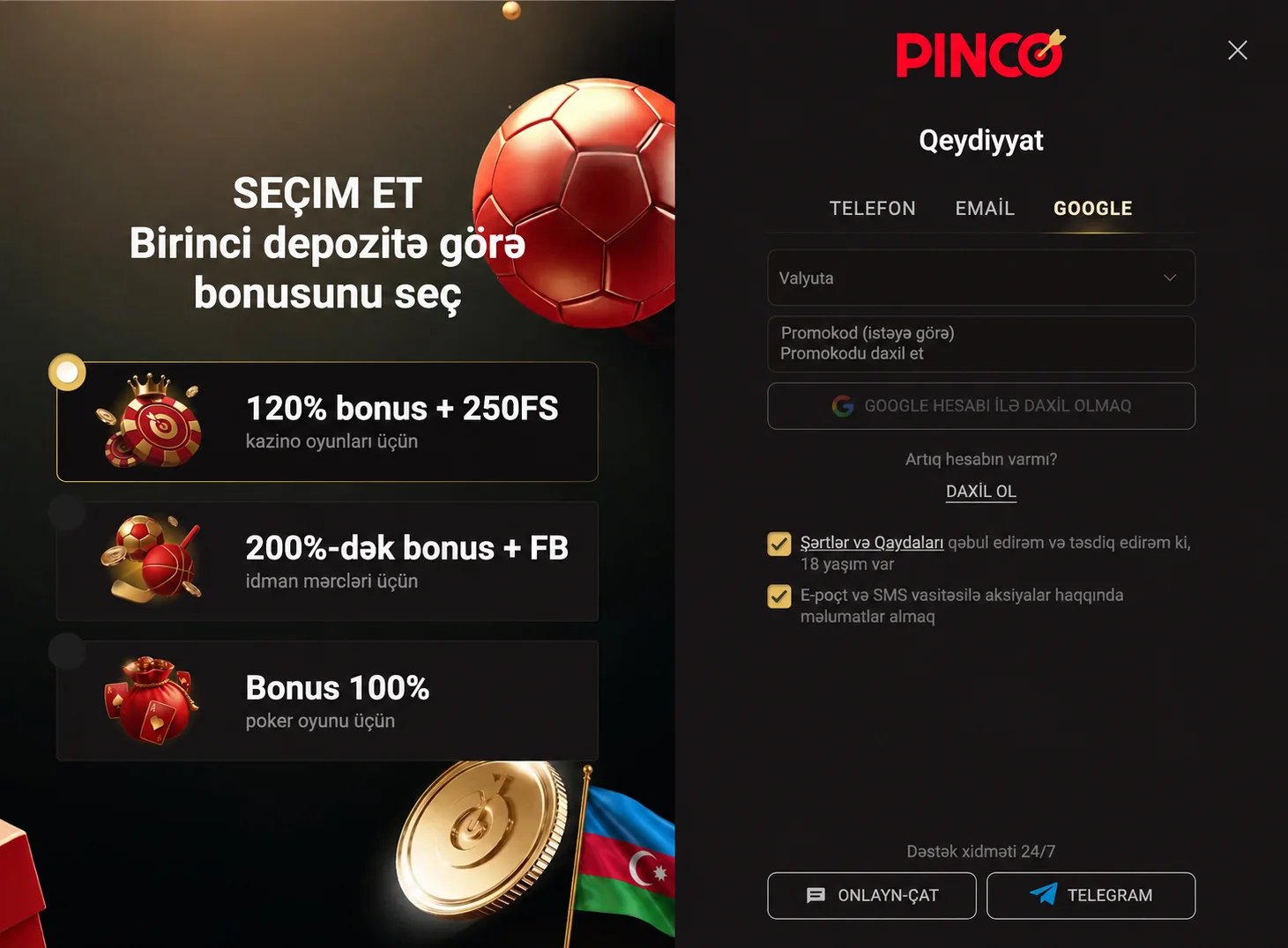 Pinco Google qeydiyyatında valyuta, promo kod və Google hesabı ilə davam düyməsi