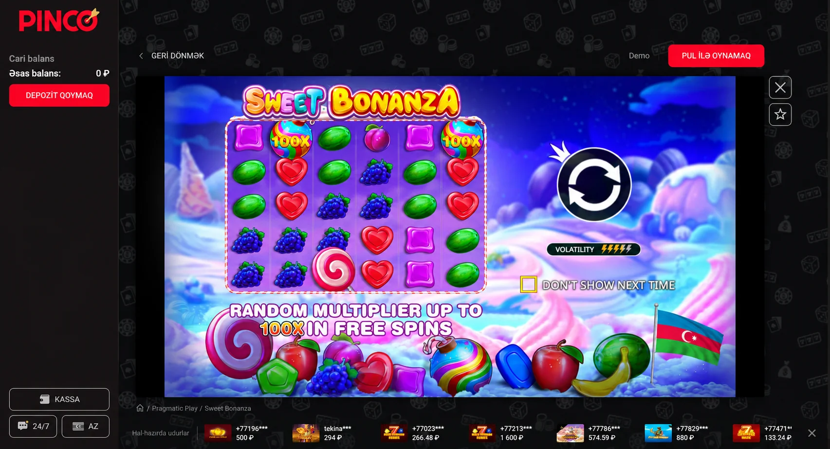 Sweet Bonanza oyununun demo açılış ekranı